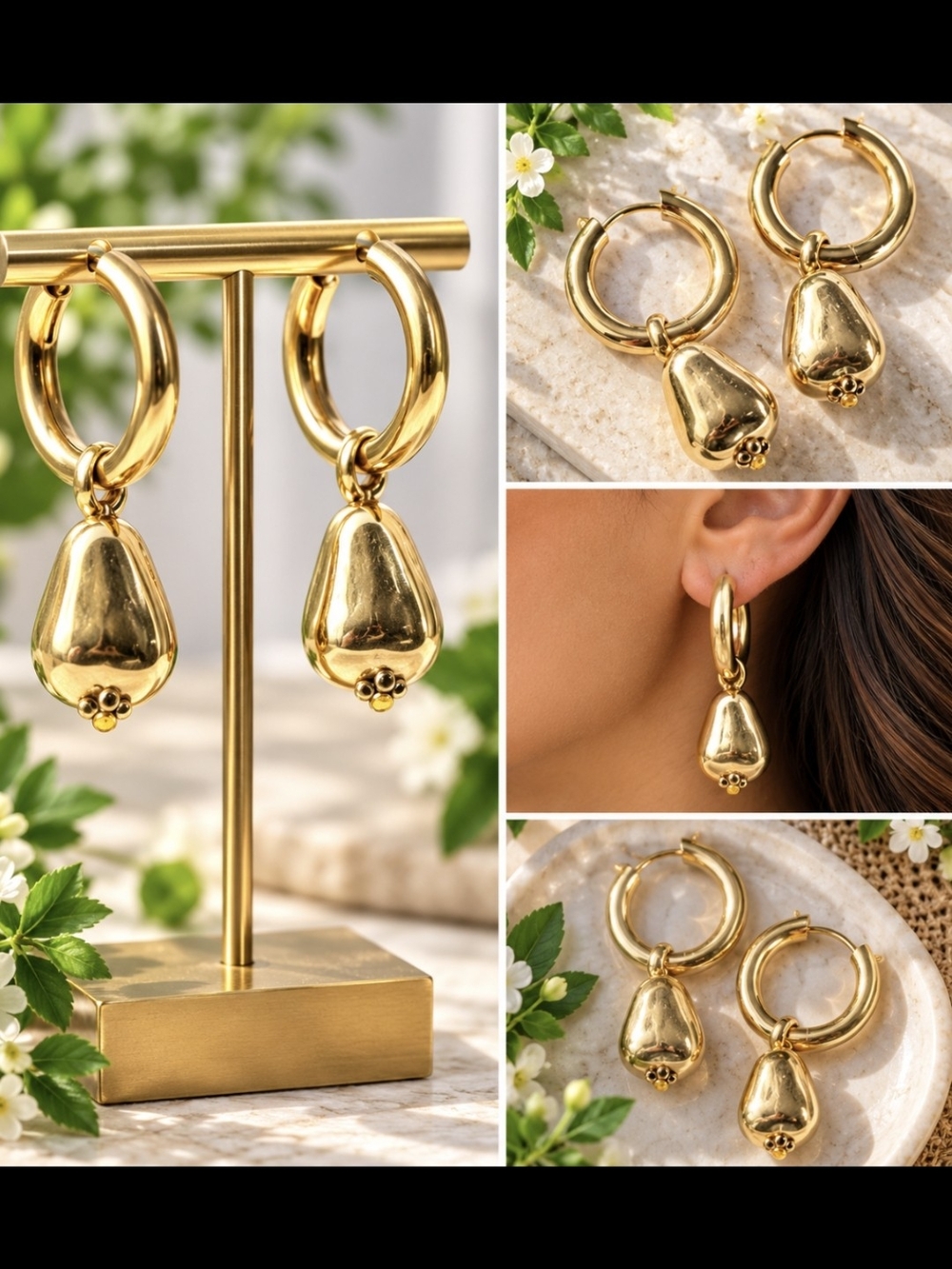 14k Gold Plated Drop Hoop Earrings - Women Jewelry